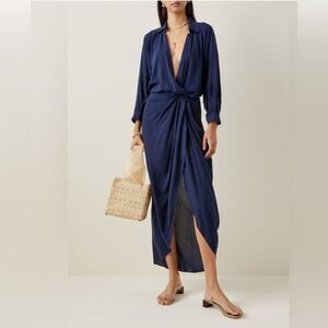 Andres Otalora Deep V Long Blue Wrap Dress Crepe Georgette Size 2